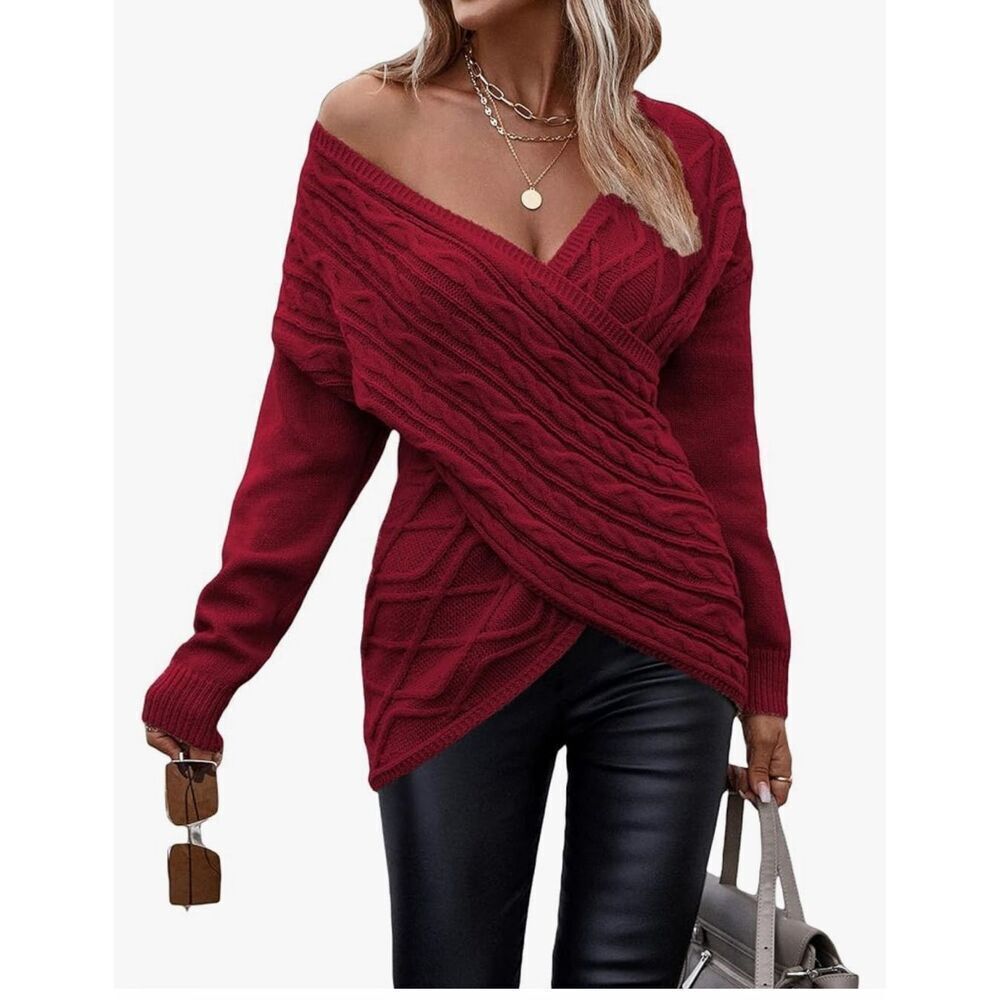 NEW Wrap Criss Cross Asymmetrical Sweater Cable Knit S